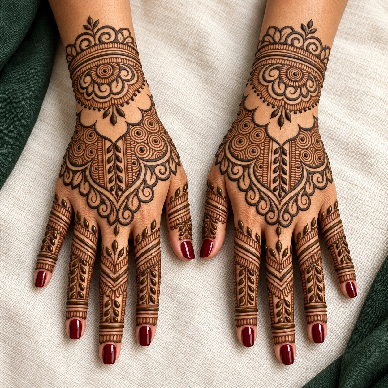 Two hands with intricate botanical henna designs inspired by Bhagya’s work, resting on ivory fabric with forest-green accents